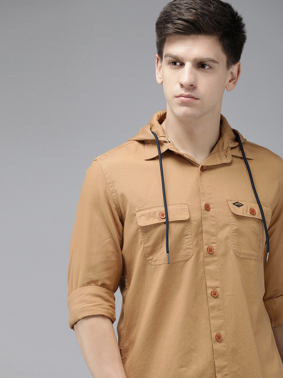 VAN HEUSEN DENIM LABS Pure Cotton Brand Logo Printed Slim Fit Detachable Hooded Shirt