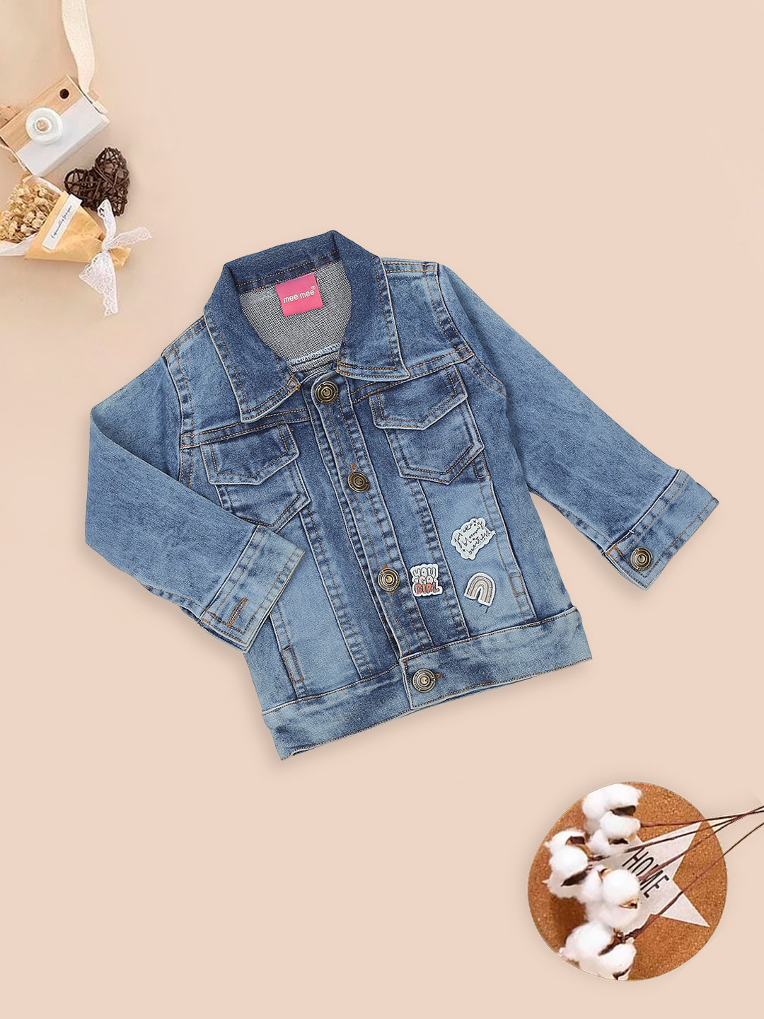 MeeMee Girls Solid Spread Collar Denim Jacket