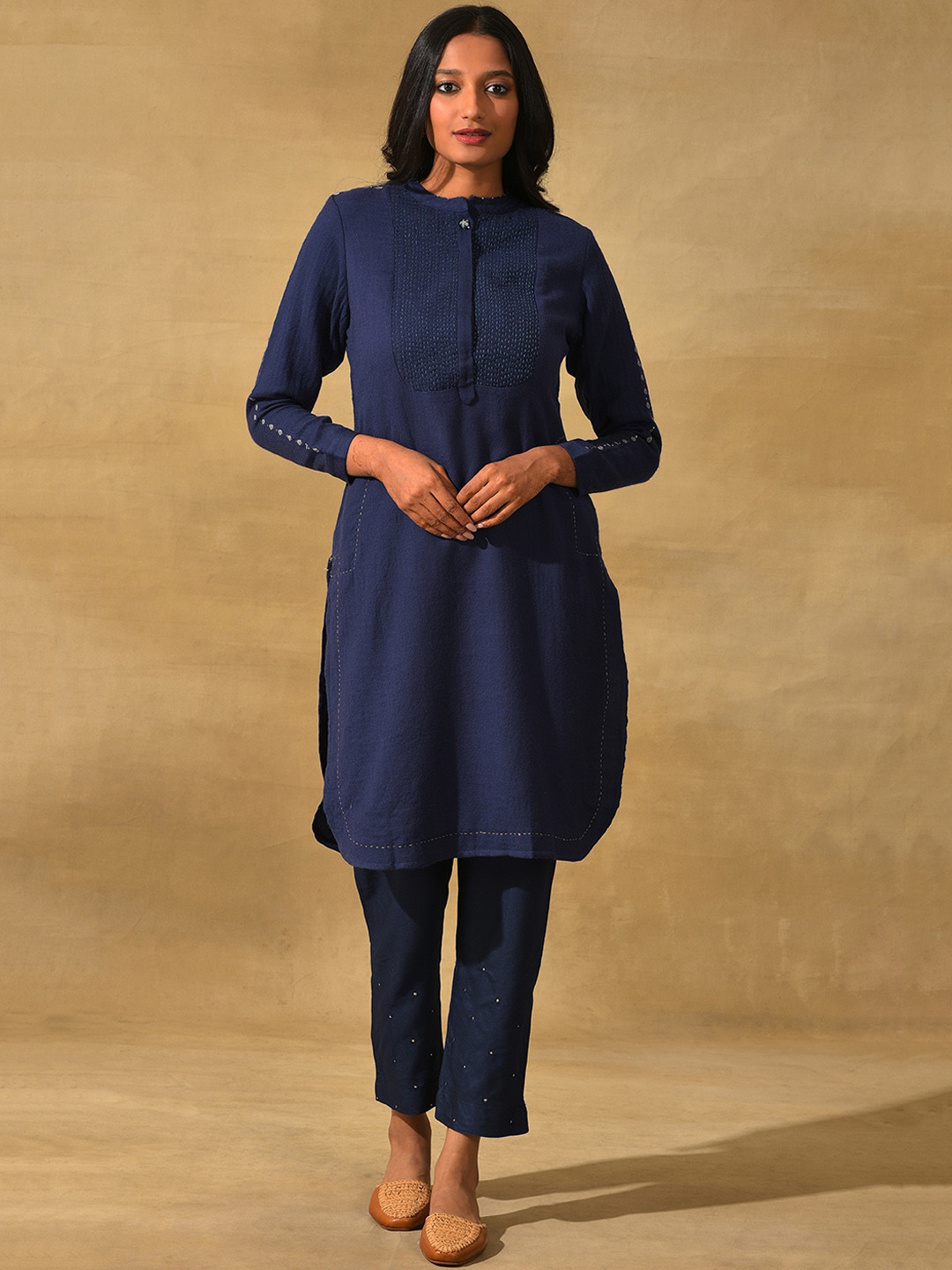 Folk Song  Folksong Collection- Yoke Design Thread Work Indigo Wool Kurta