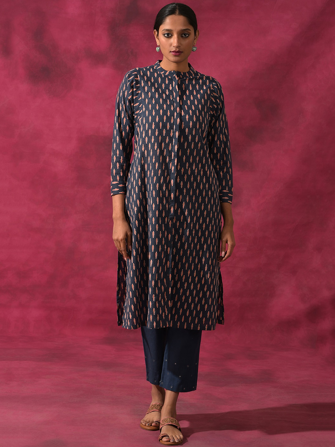 W The Folksong Collection Women Ethnic Motifs Printed Indigo Kurta