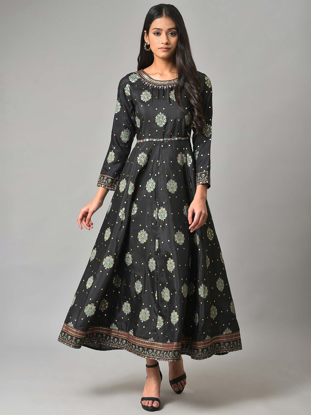 W Black Ethnic Motifs Maxi Ethnic Dress