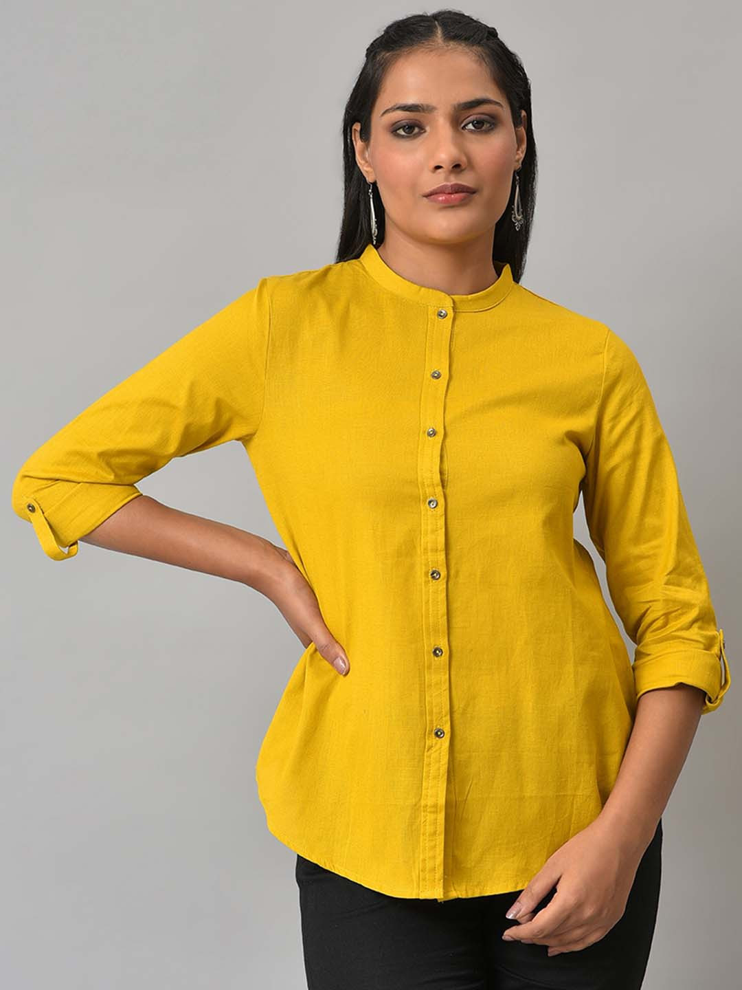 W Mustard Mandarin Collar Roll-Up Sleeves Shirt Style Cotton Top