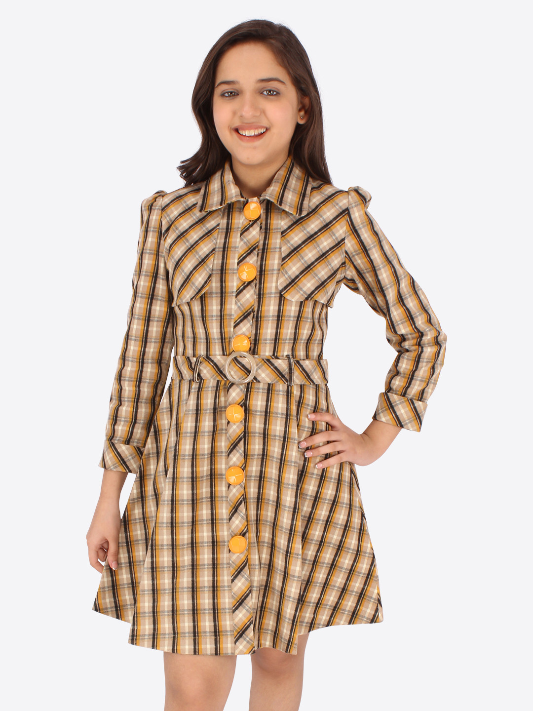 CUTECUMBER Mustard Checked Shirt Dress