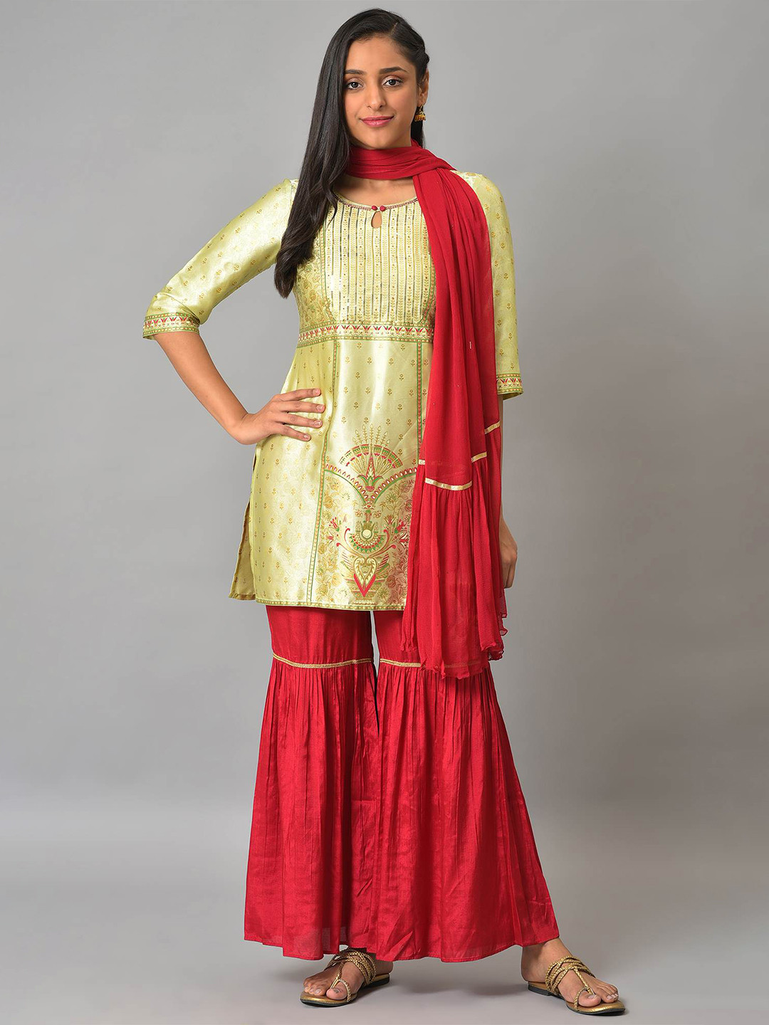 AURELIA Ethnic Motifs Embroidered Sequined Kurta with Sharara & Dupatta