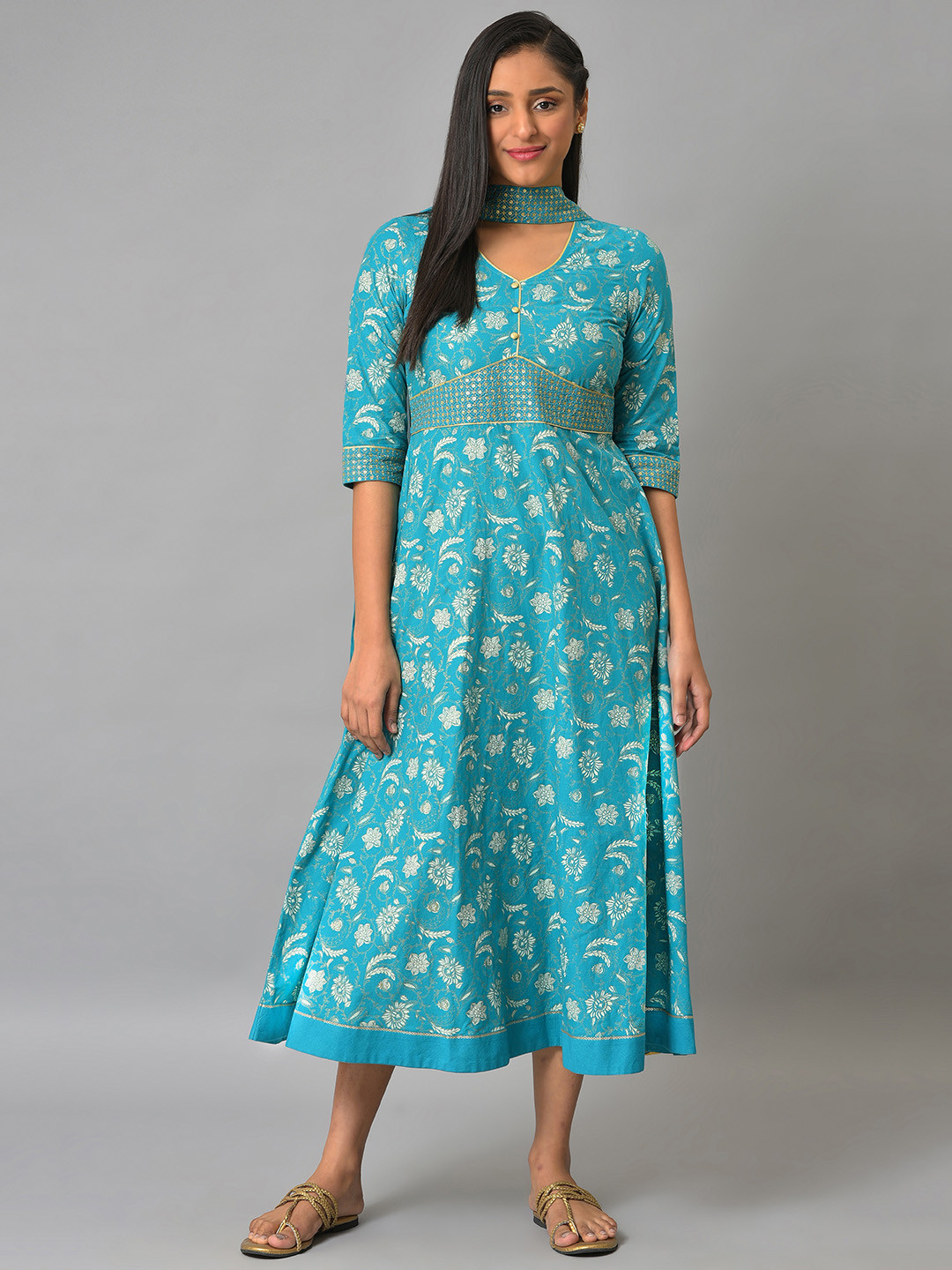 AURELIA Floral Print Ethnic A-Line Midi Dress With Dupatta