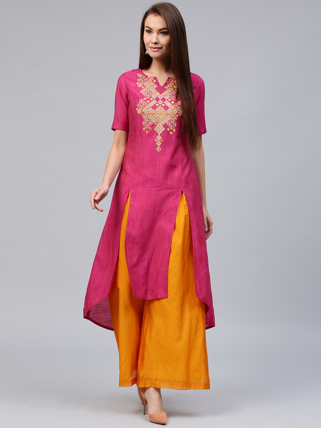 Vibrant Yellow and Pink Doll Short Cotton Kurti for Women