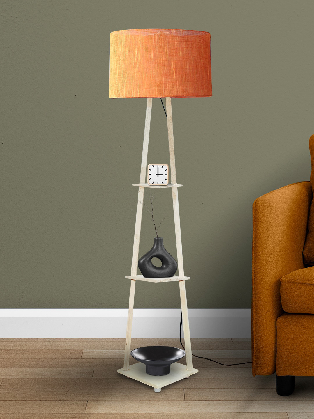 SANDED EDGE Cream & Orange Wooden Floor Lamp With Cylindrical Shade