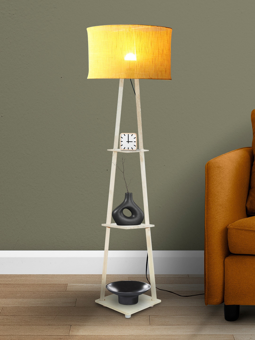 SANDED EDGE Cream & Yellow Wooden Floor Lamp With Cylindrical Shade