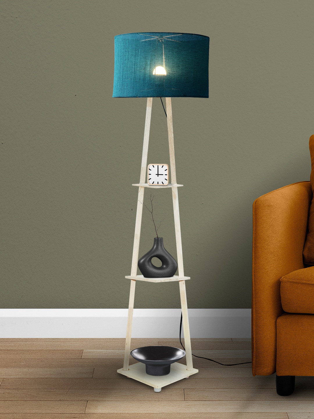 SANDED EDGE Cream & Teal Blue Textured 3-Tier  Floor Lamp