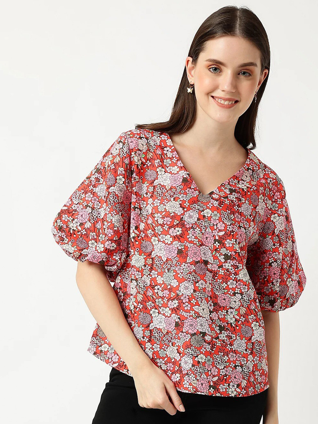 Marks & Spencer Red Floral Print Linen Top