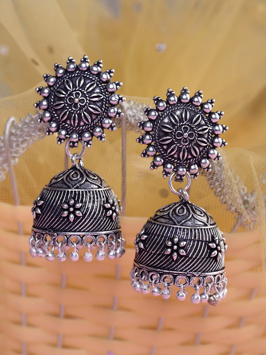 Saraf RS Jewellery Silver Plated Oxidised Contemporary Jhumkas Earrings