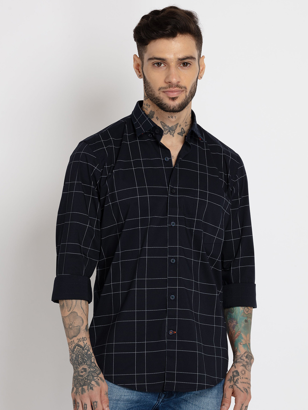 Status Quo Men Slim Fit Windowpane Checked Cotton Casual Shirt
