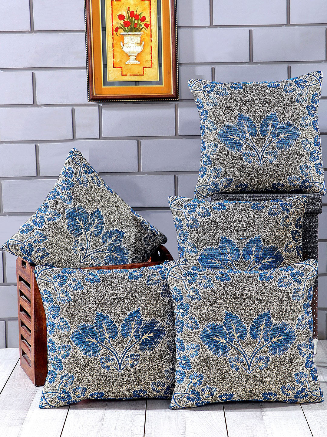 Nendle Turquoise Blue Floral Polycotton Lightweight 5 Pcs Cushion Covers - 16 x 16 Inches