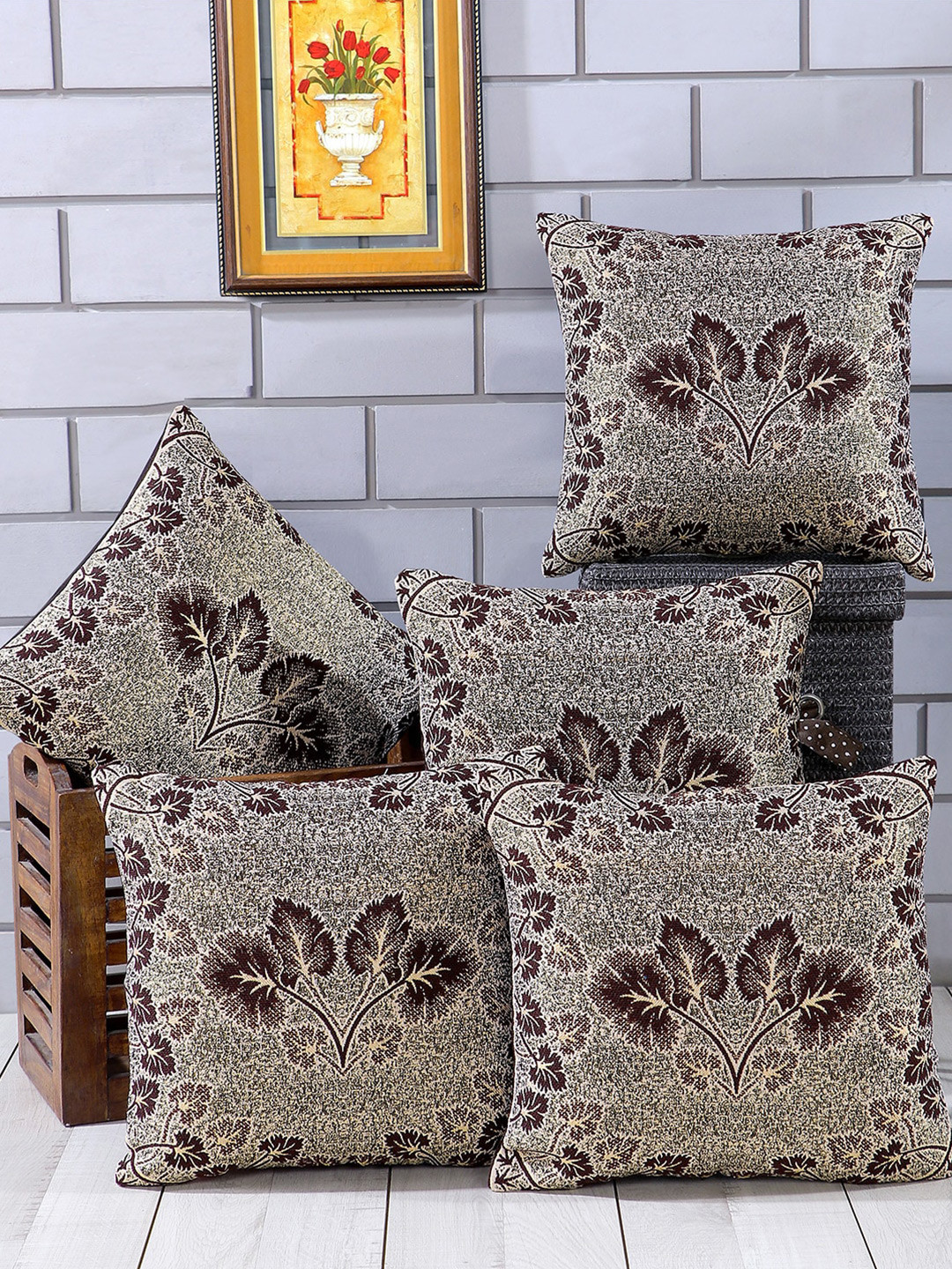 Nendle Coffee Brown & Gold-Toned Set of 5 Floral Square Cushion Covers