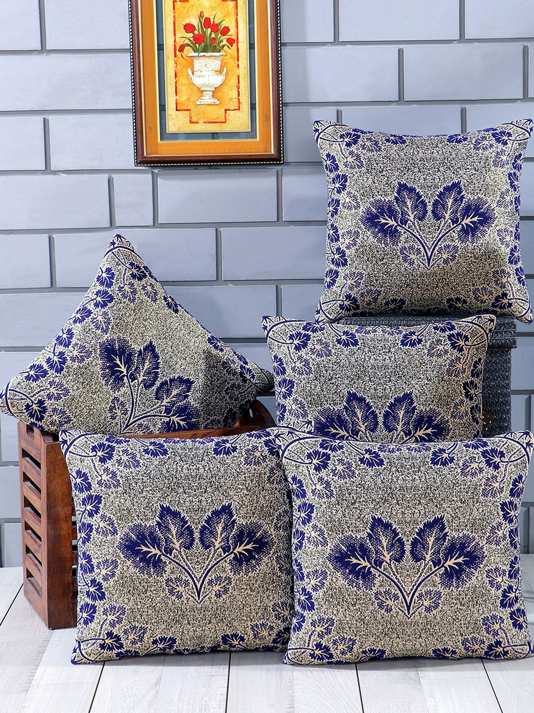 Nendle Purple & Gold-Toned Set of 5 Floral Square Cushion Covers