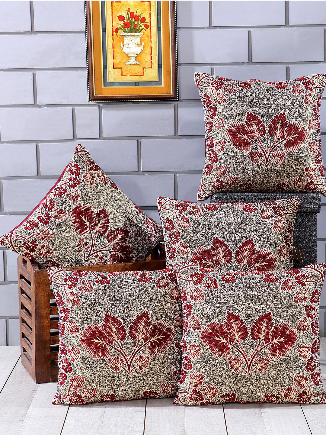 Nendle Soft & Comfortable Floral Polycotton Durable 5 Pcs Square Cushion Covers -16x16In
