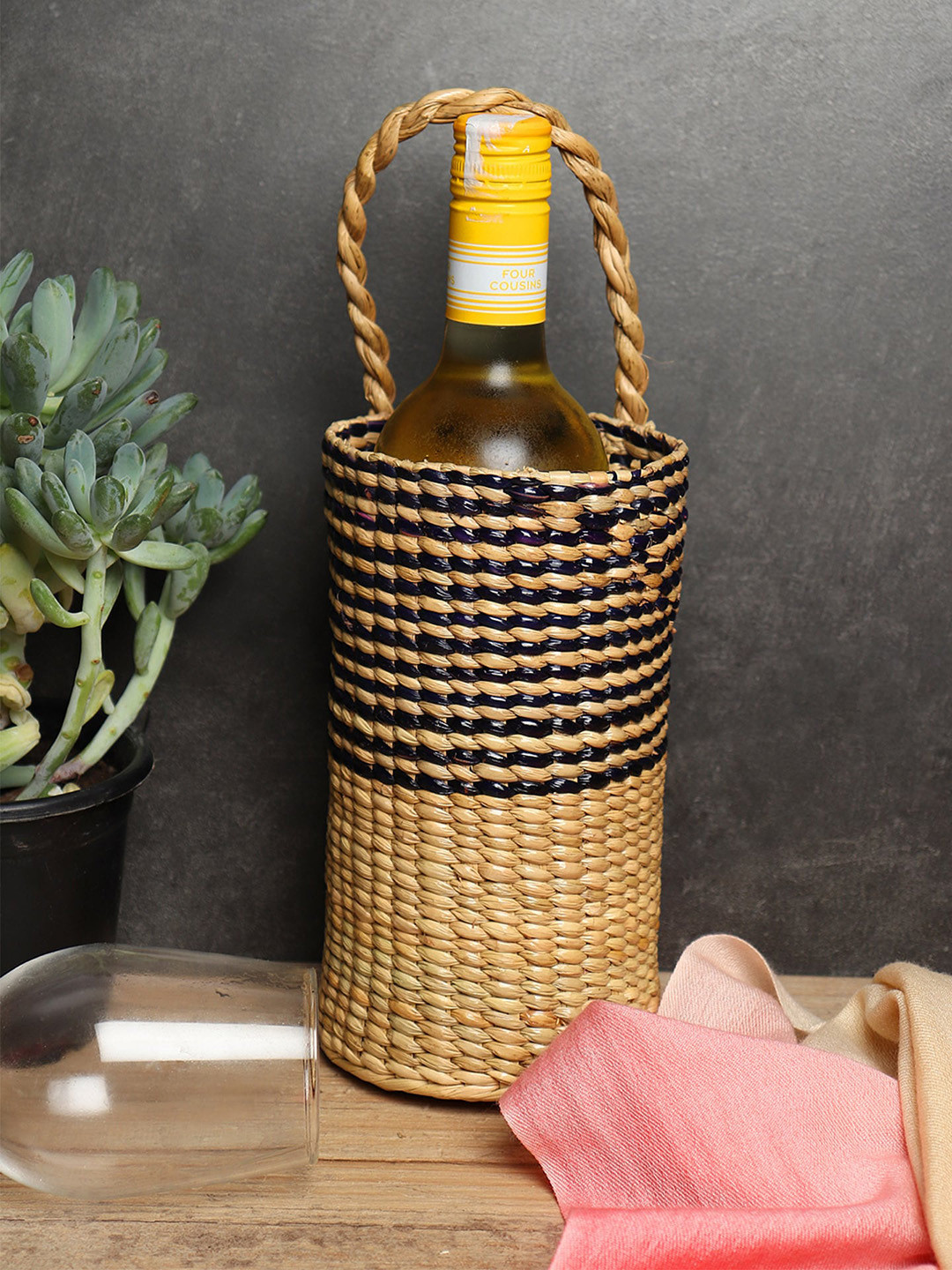 HABERE INDIA Blue & Beige Seagrass Round Bottle Cover Basket