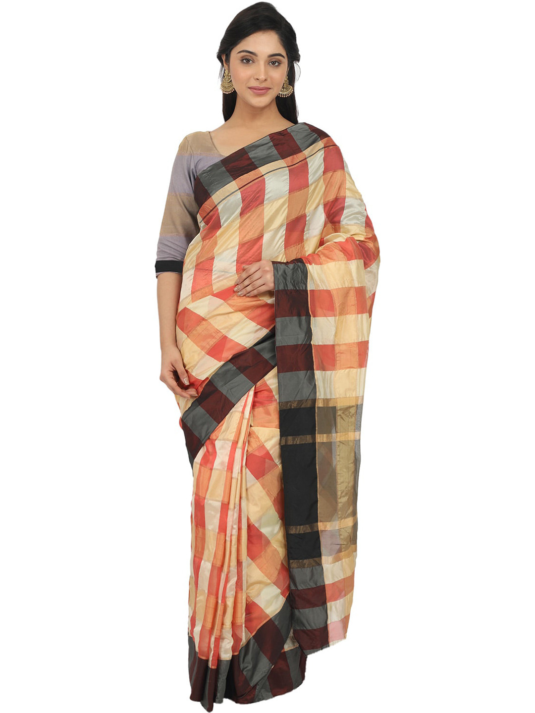 Leeza Store Checked Zari Silk Blend Banarasi Saree