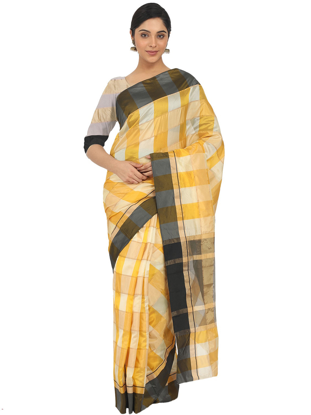Leeza Store Checked Zari Silk Blend Banarasi Saree