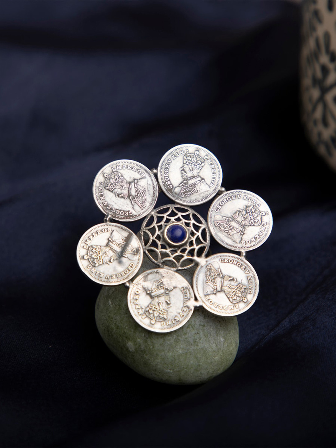 Arte jewels 925 Oxidised Silver George V King Emperor Initial adjustable Finger Ring