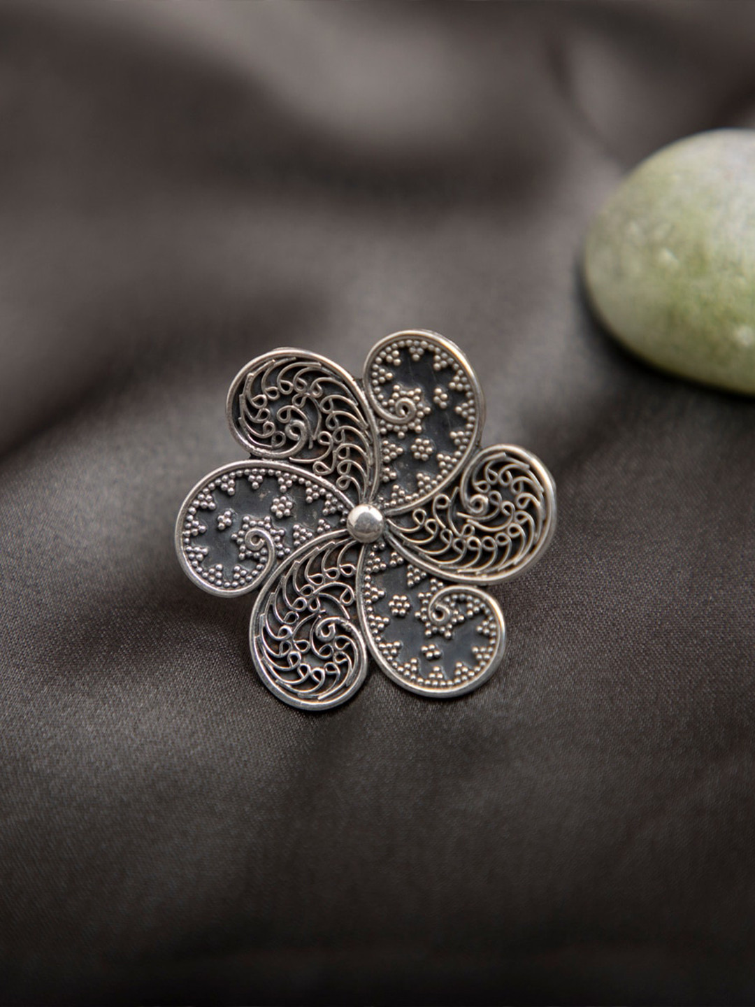 Arte Jewels 925 Oxidised Silver Flower Shape Adjustable Finger Ring