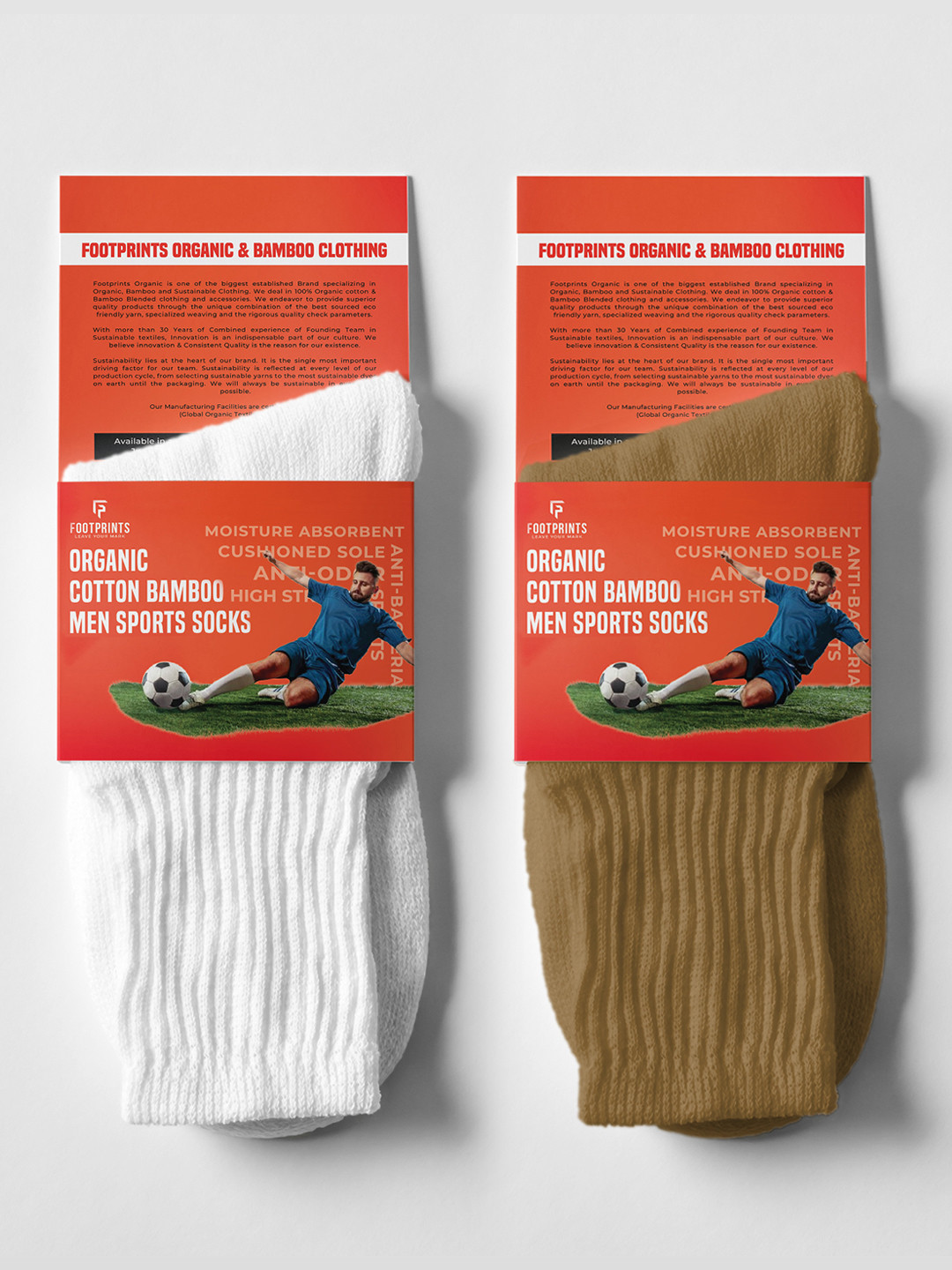 FOOTPRINT Men 2 Pairs Anti Odour Organic Cotton Calf-Length Solid Bamboo Sports Terry Socks