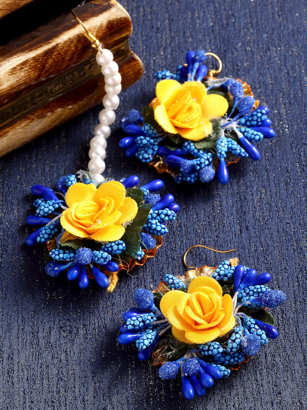 ZENEME Yellow & Blue Pearl Floral Style Maang Tikka & Earring Jewellery Set