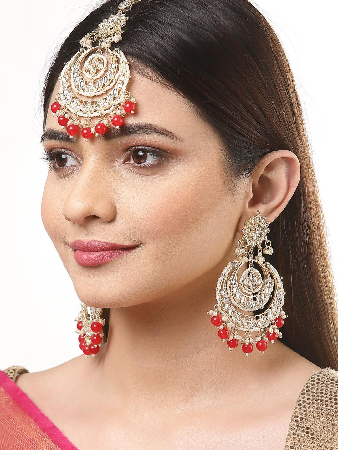 ZENEME Gold-Plated Kundan Studded & Pearl Beaded Maangtikka with Earring Set