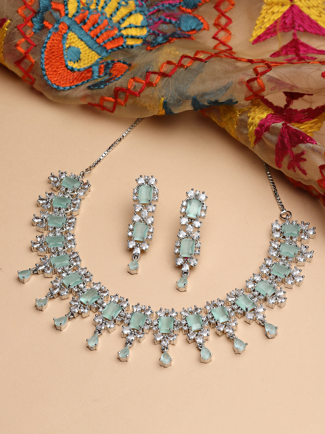 ZENEME Rhodium-Plated Silver-Toned & Sea-Green American Diamond Studded Jewellery Set