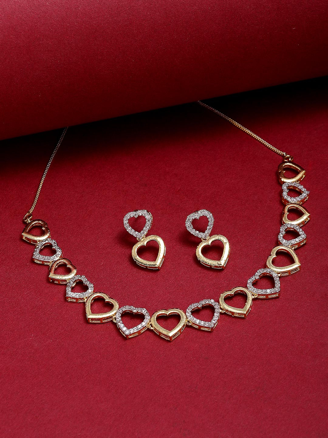 ZENEME Gold-Plated White American Diamond Studded Heart Shaped Jewellery Set