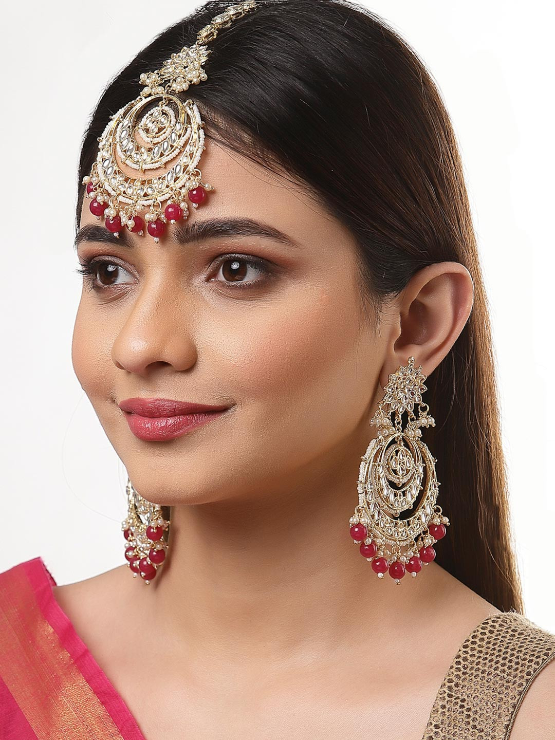 ZENEME Gold-Plated Kundan Studded & Pearl Beaded Maang Tikka With Earring Set