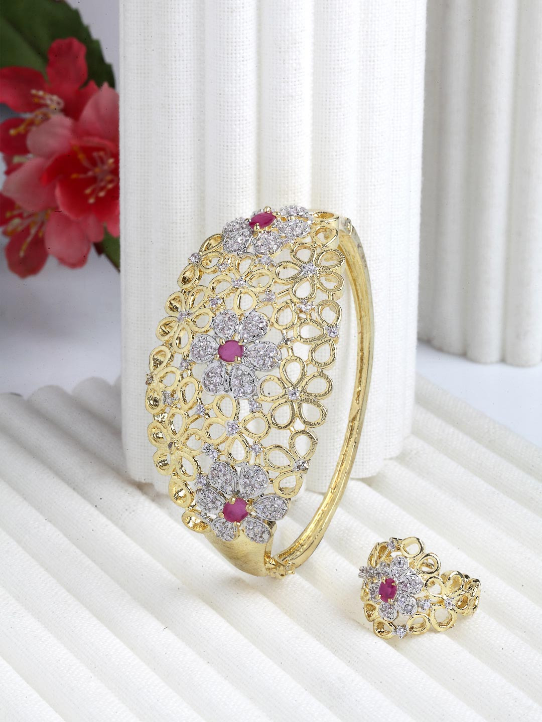ZENEME Gold Plated American Diamond Studed Bracelet Ring Combo