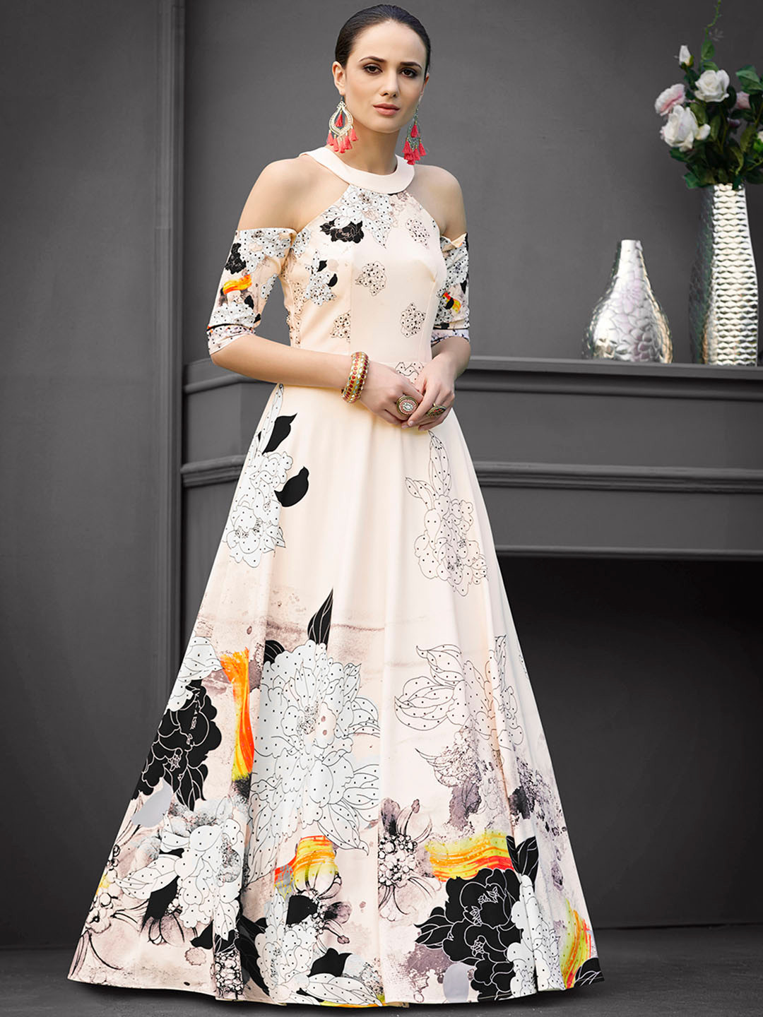 SAPTRANGI Floral Printed Pure Silk Ethnic Dresses