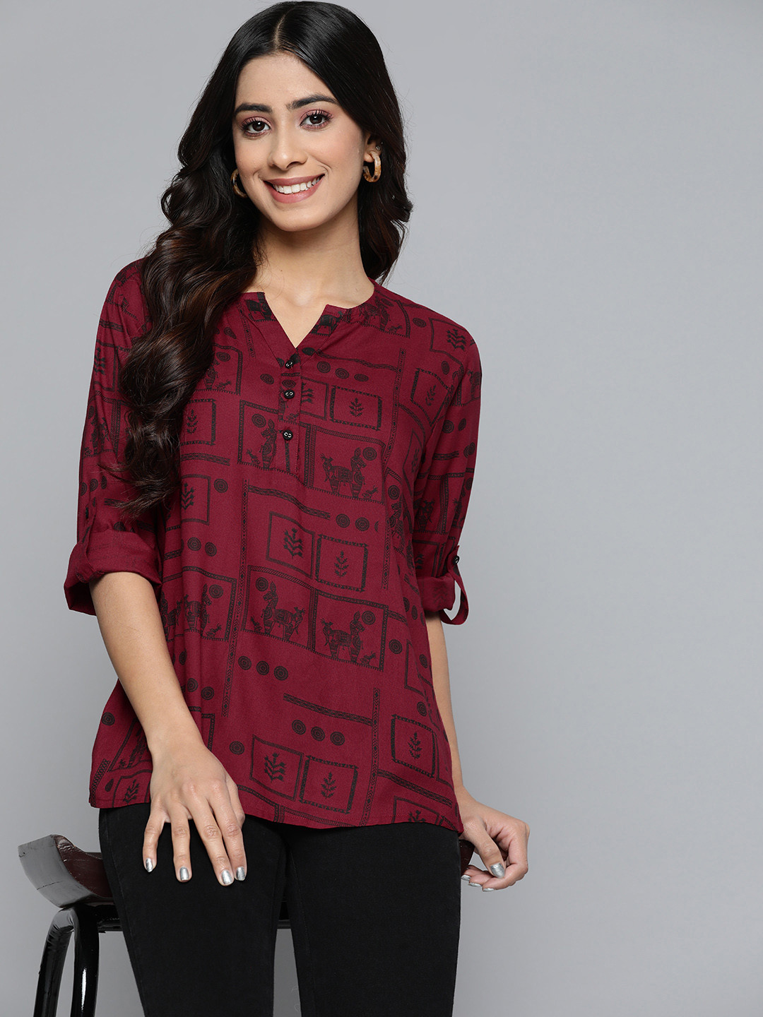 HERE&NOW Printed Mandarin Collar Roll-Up Sleeves Bohemian Longline Top