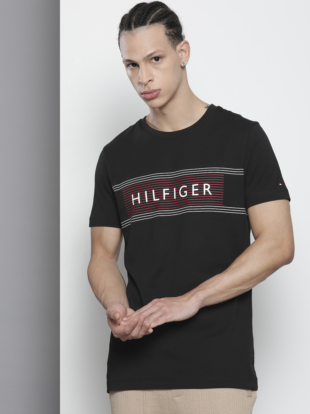 Tommy Hilfiger Men Brand Logo Striped Pure Cotton Slim Fit T-shirt
