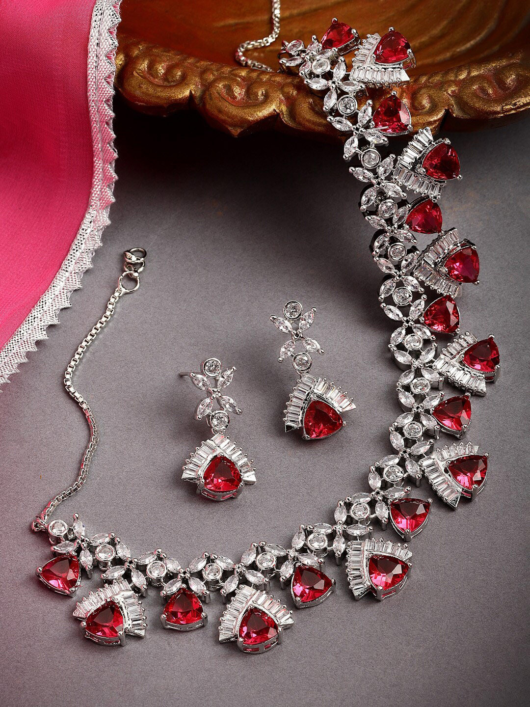 Kennice Rhodium-Plated American Diamond Stone Studded Jewellery Set