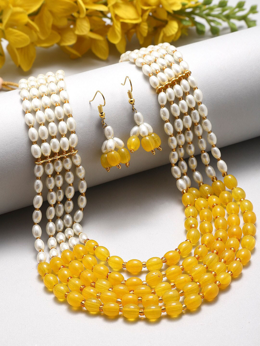 Kennice Gold-Plated 5-Layered Pearl Beaded Brass Jewellery Set