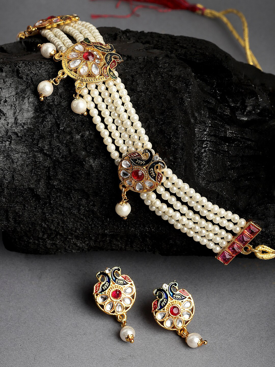 Kennice Stone studded & Beaded Peacock Design Jewellery Set