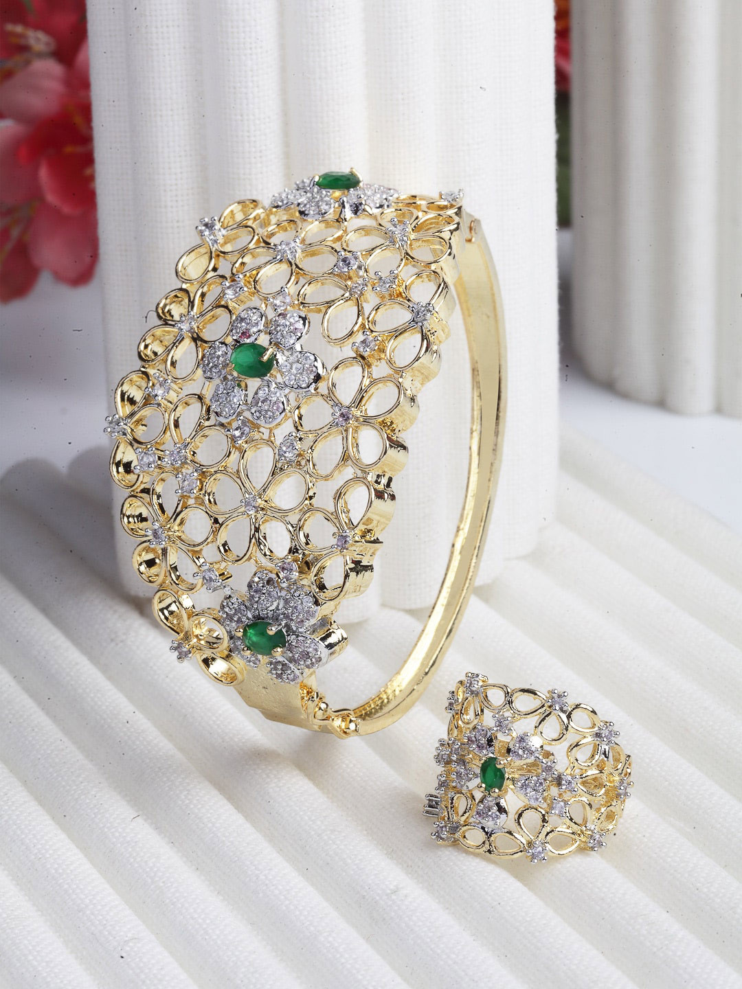 Kennice Women AD Gold-Plated Bangle-Style Bracelet With Ring