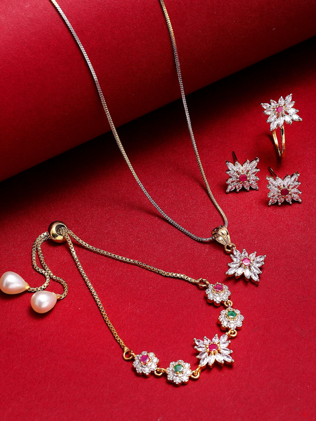 Kennice Women Gold-Plated Chain with Pendent Bracelet Ring and Earrings Jewellery Set