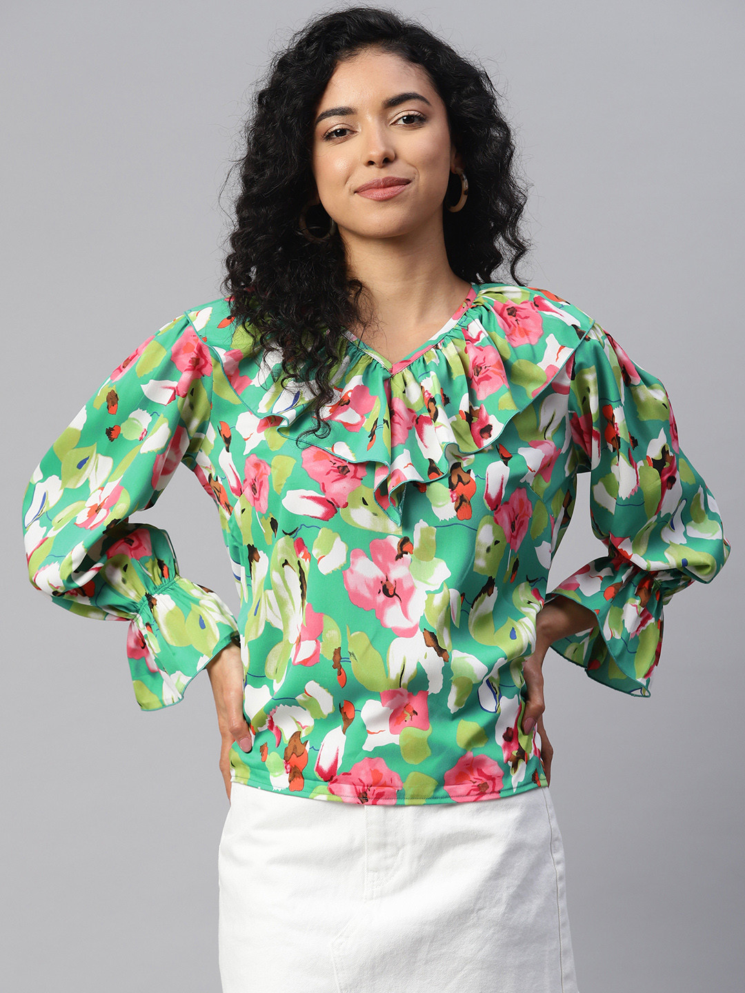 plusS Floral Print Bell Sleeves Ruffles Top