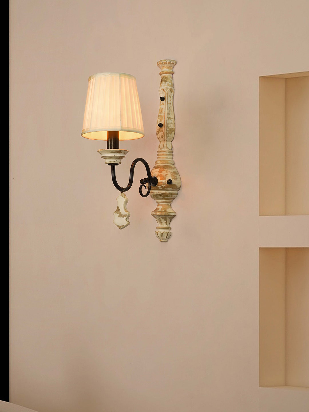 Fos Lighting White & Beige Distress Wood Single Rustic Wall Lamp with Pleated Fabric Shade