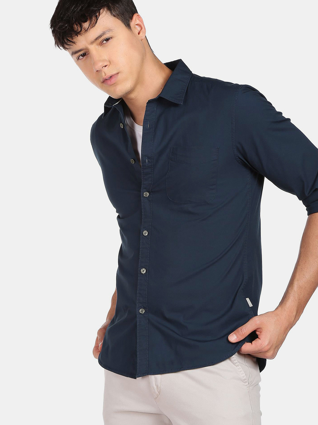 Flying Machine Spread Collar Stretch Poplin Casual Slim Fit Shirt