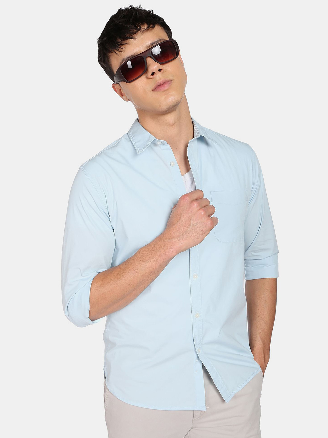 Flying Machine Spread Collar Stretch Poplin Casual Shirt