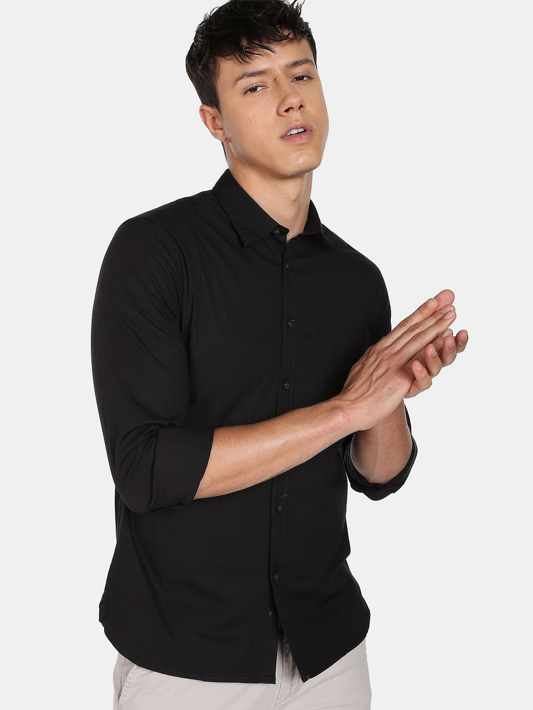 Flying Machine Spread Collar Stretch Poplin Casual Shirt