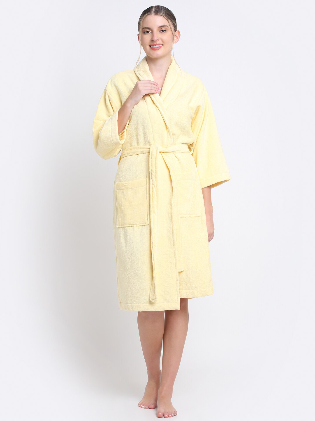 Creeva Luxury Yellow Solid Cotton Drawstring Knee Length Bath Robe-M