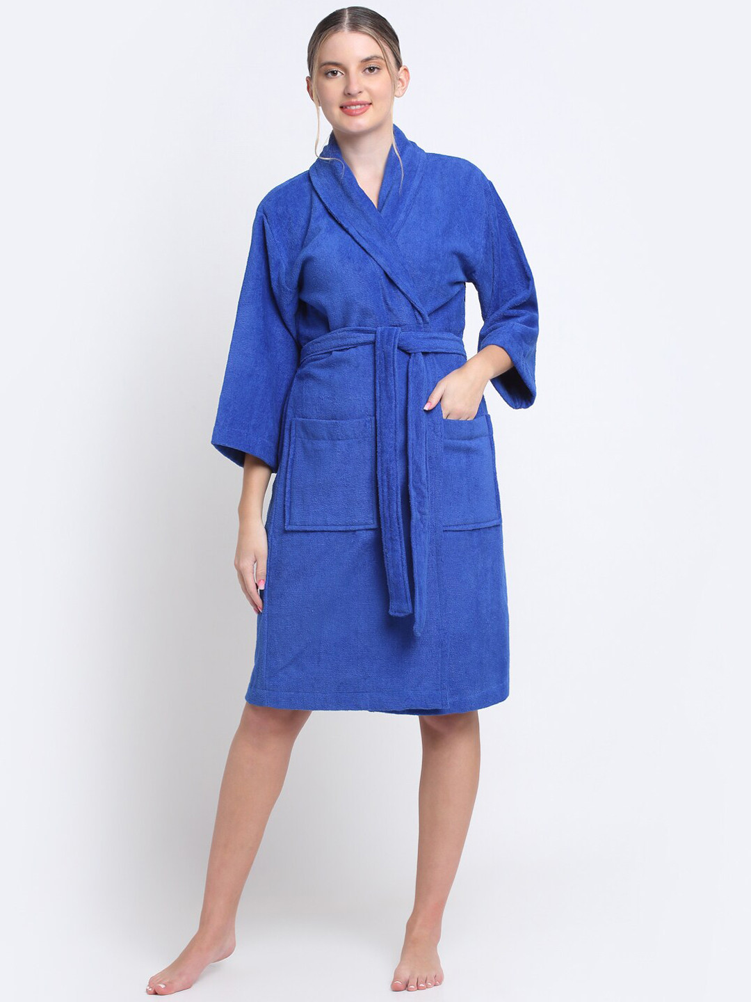 Creeva Luxury Blue Solid Cotton Drawstring Knee Length Bath Robe-S