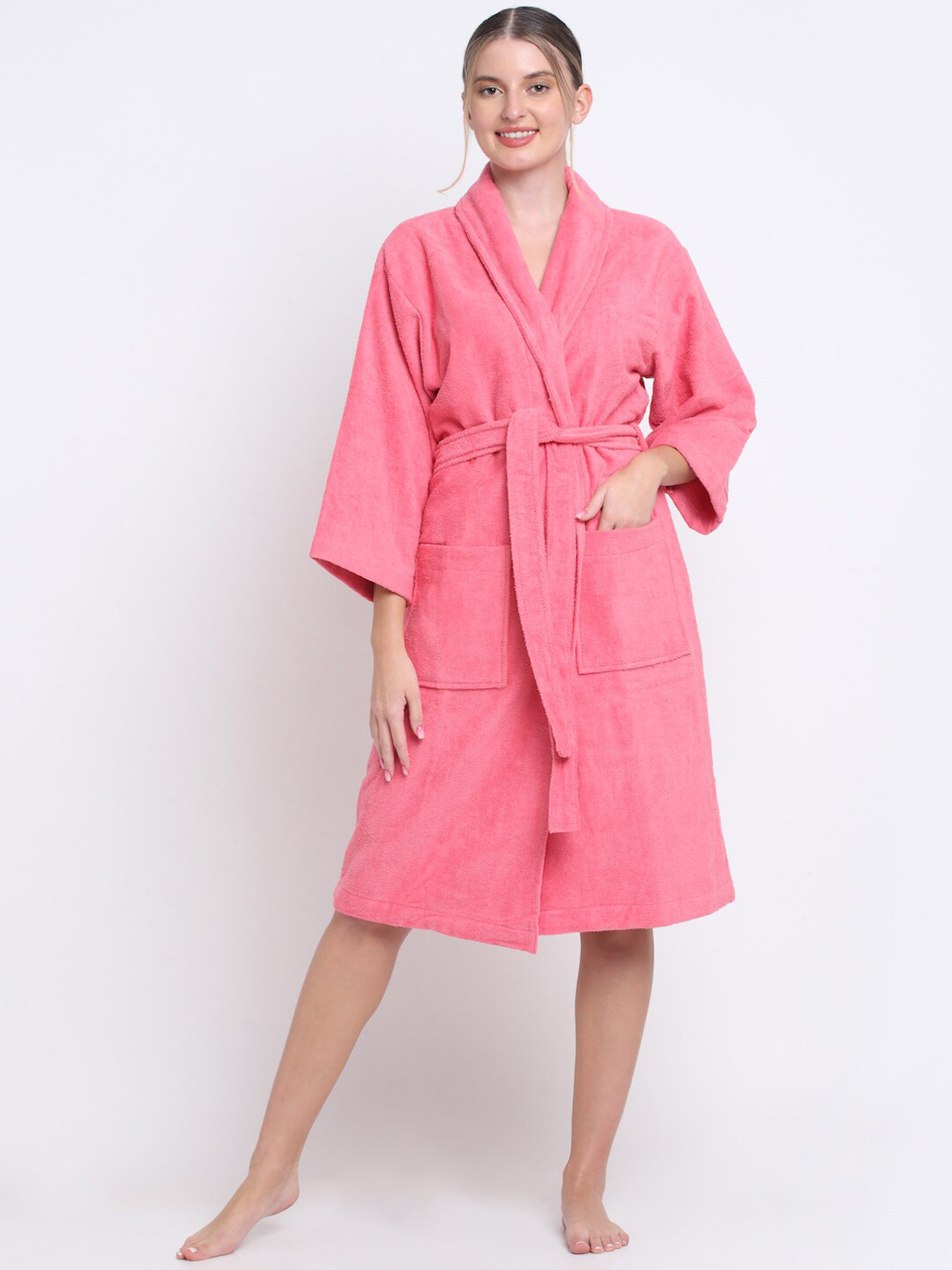 Creeva Luxury Pink Solid Cotton Drawstring Midi Bath Robe-L