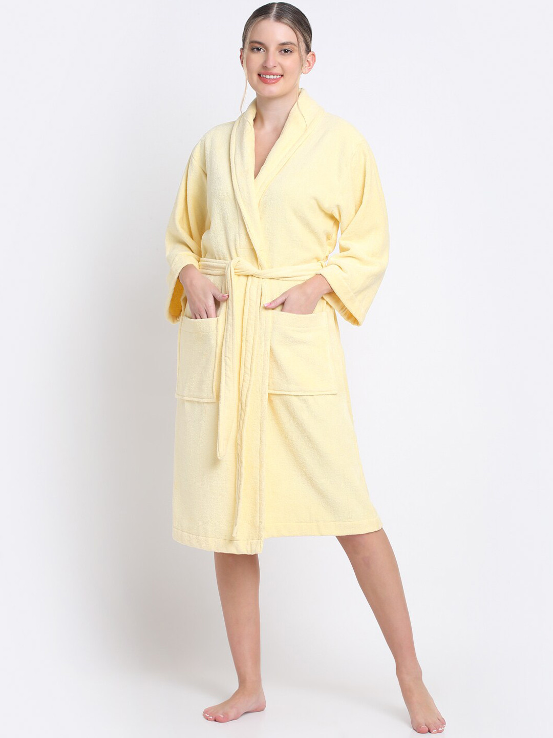 Creeva Luxury Yellow Solid Cotton Drawstring Midi Bath Robe-L