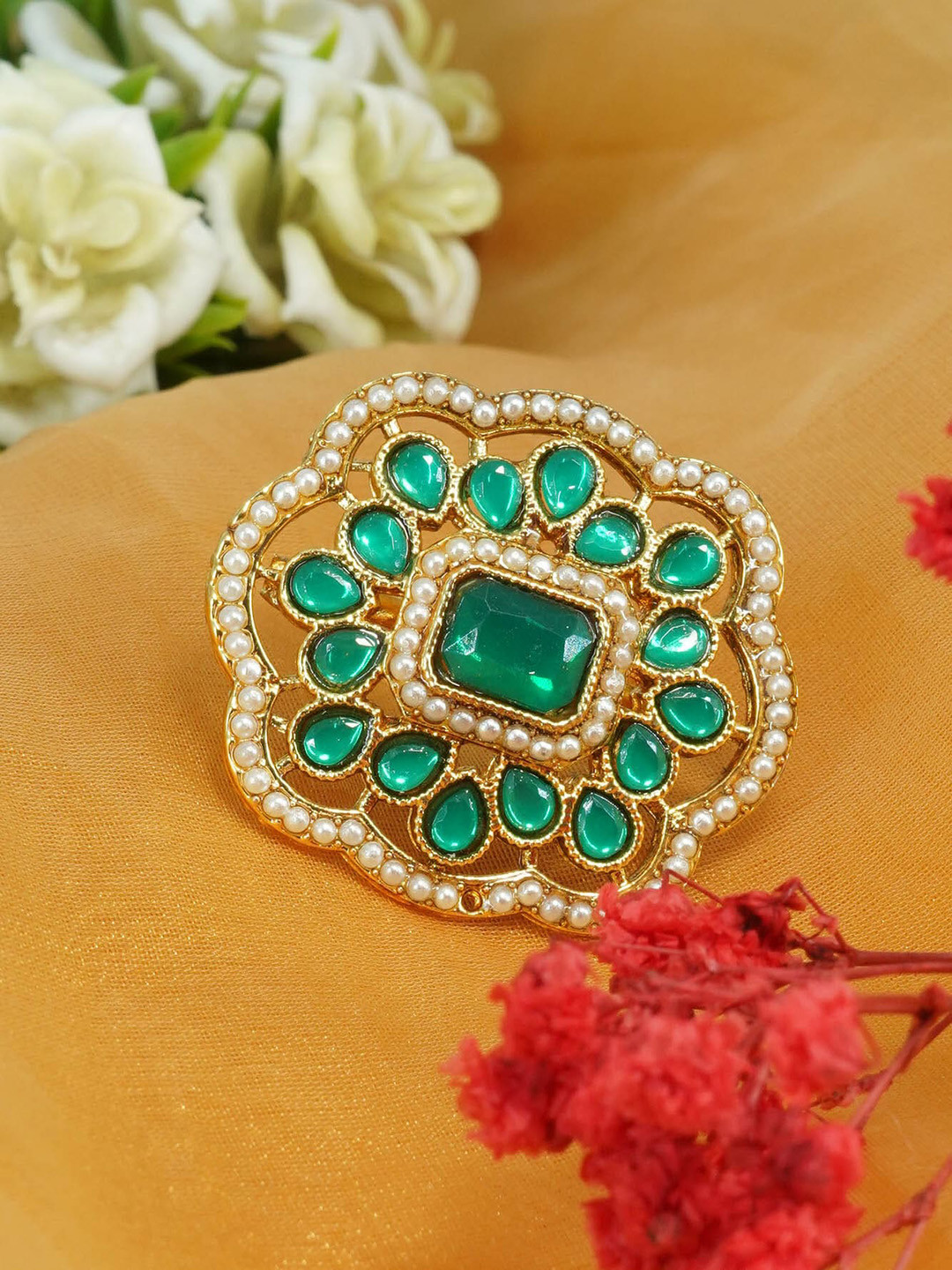 GRIIHAM Antique Gold-Plated Stone-Studded & Pearl Beaded Adjustable Finger Ring